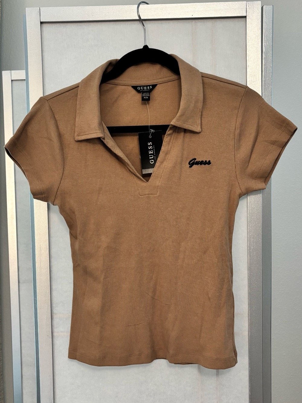GUESS Tan Ribbed Short Sleeve Polo Top with Notch V-Neck